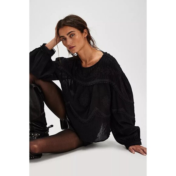 Free People Maisey Knit Floral Lace Embroidered Top Blouse L - Picture 1 of 11